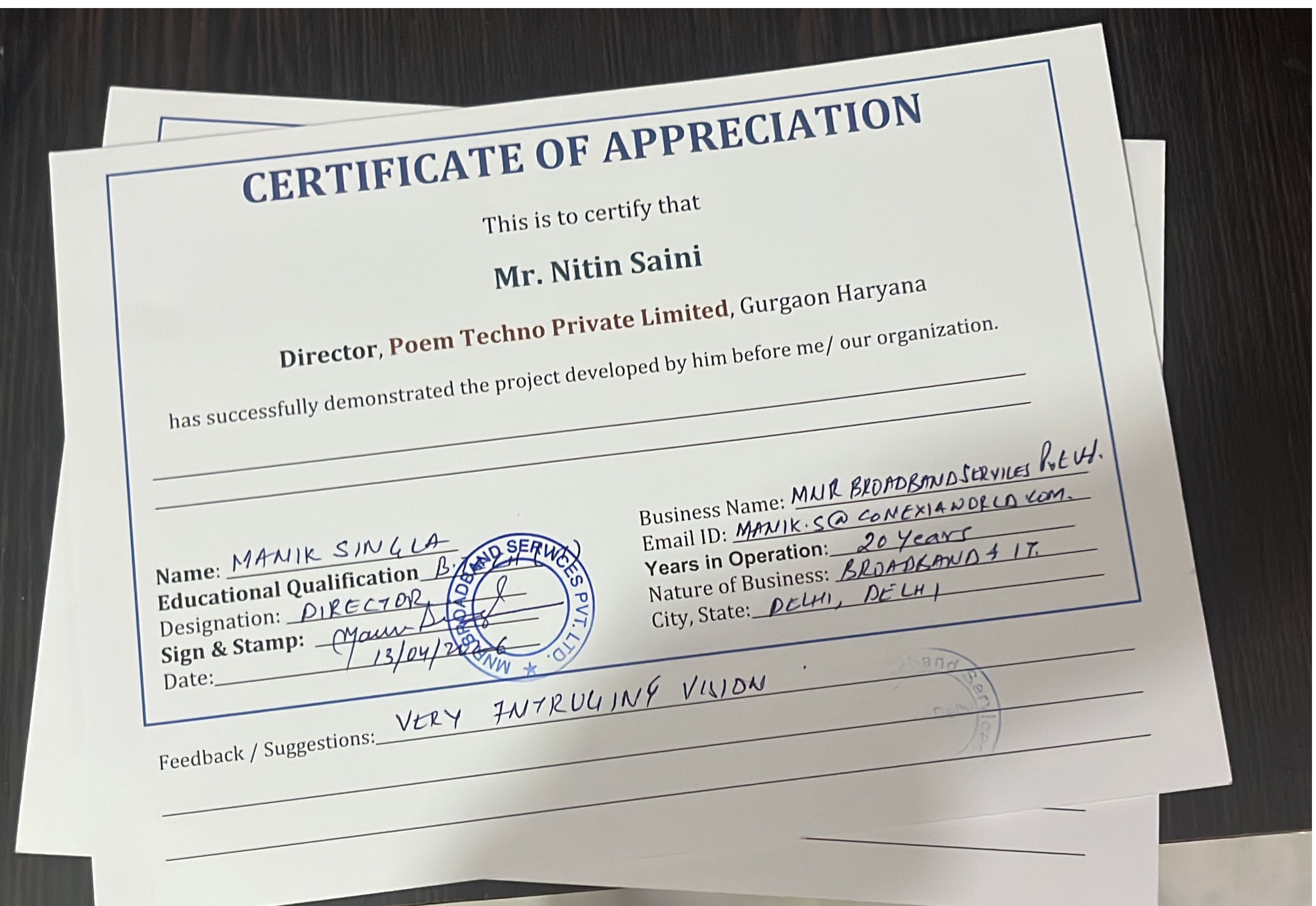 Certificate of Appreciation — Mr. Nitin Saini, Director, Poem Techno Private Limited — awarded for the smart farm automation project. Feedback: Very intriguing vision.