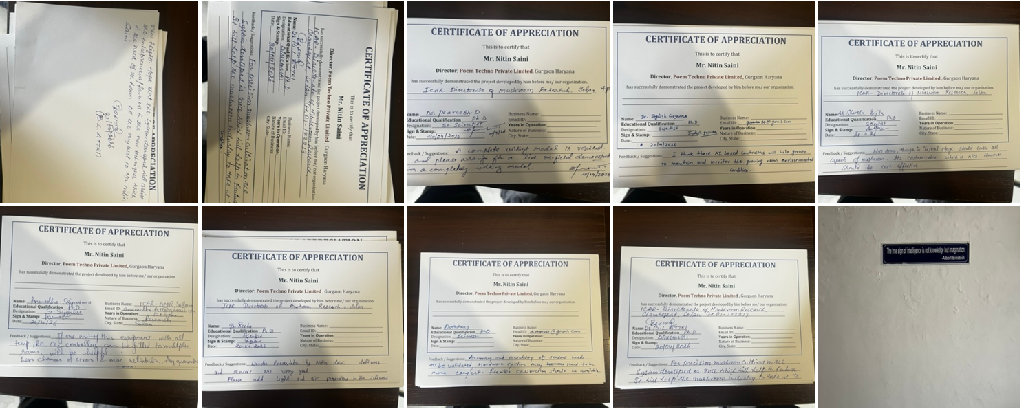 Multiple Certificates of Appreciation received by Poem Techno Private Limited — awarded by mushroom scientists and agricultural researchers for the smart farming automation project