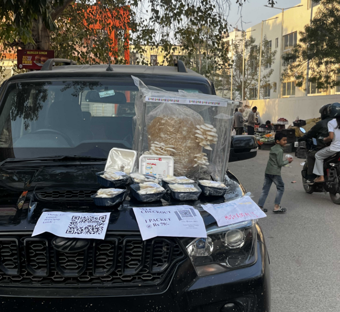 Poem Techno team researching market reaction to oyster mushrooms — understanding real buyer demand and price discovery at point of sale