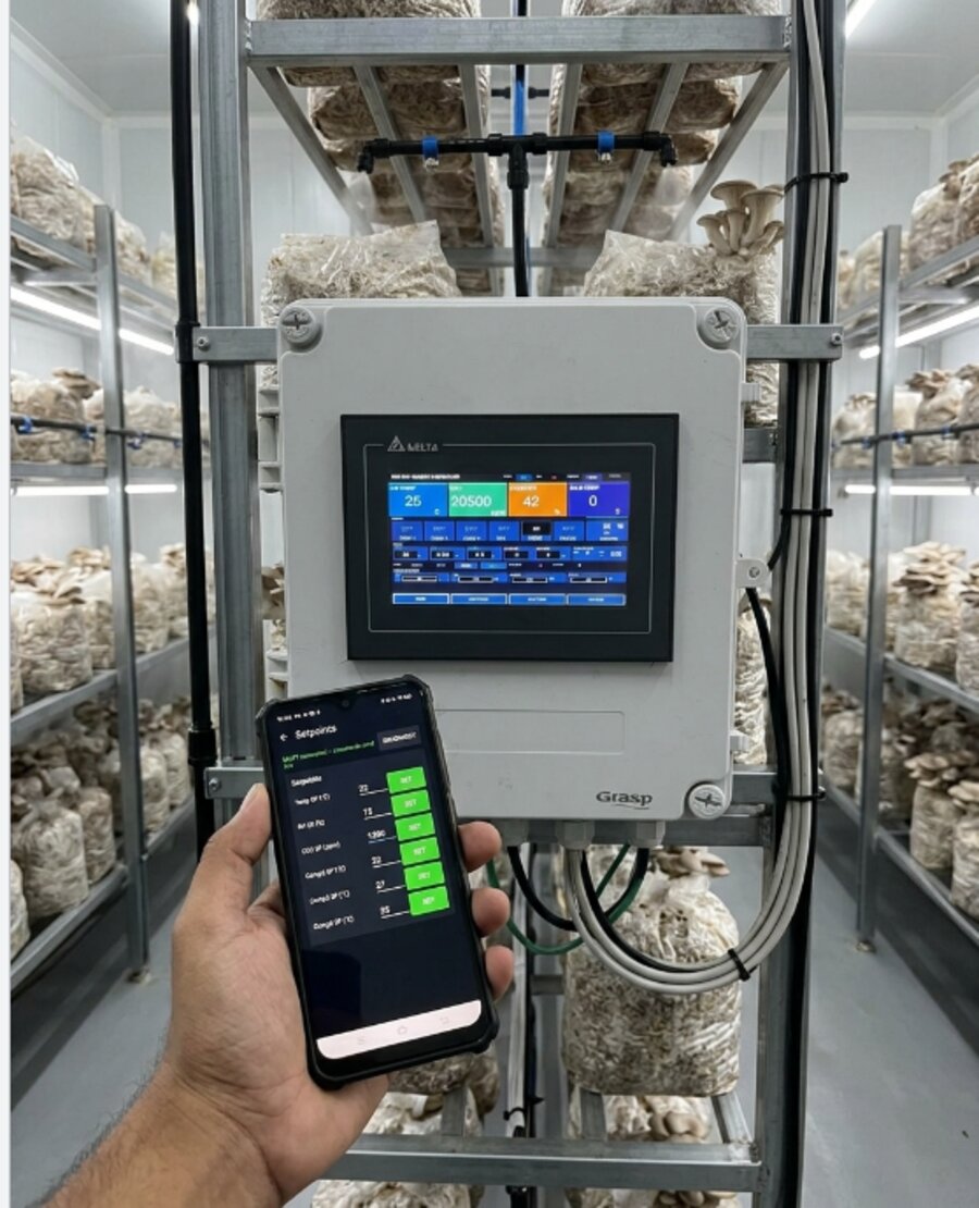 Contol-X AHU HMI panel showing live air temp, CO2, humidity, bag temp, compressor and damper status, with mobile setpoints app